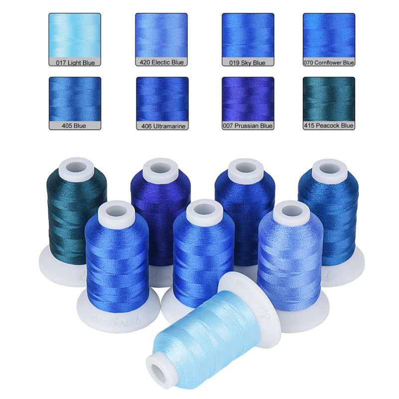 Simthread Blue Embroidery Thread 8 Brother Colors 550Yards, 40Wt 100% Polyester For Brother, Babylock, Janome, Singer, Pfaff, Husqvarna, Bernina Machine - Image 1